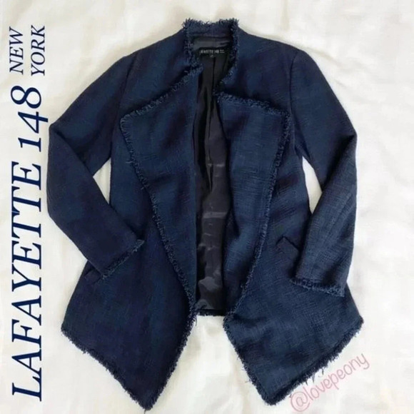 LAFAYETTE 148 Open Front Draped Fringe Blazer Navy - Picture 1 of 11